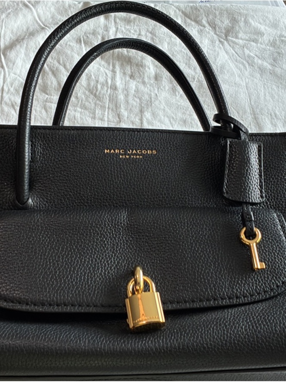 Marc Jacobs Black Pebbled Leather Satchel with Gold Padlock